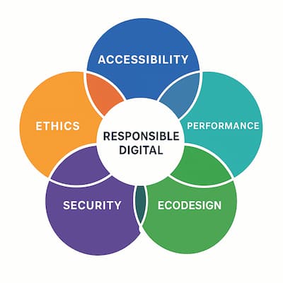 Diagram showing the links between accessibility, ecodesign, performance, security, and ethics, all converging toward responsible digital